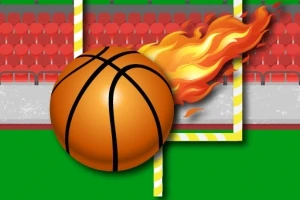 Piłka do koszykówki z płomieniami na tle trybun i bramki