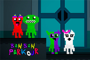 Cztery kolorowe, pikselowe postacie stoją przed niebieskimi drzwiami z transparentem o treści Banban Parkour