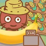 Postać w kapeluszu stojąca za ladą ze świeżymi bananami i kasą z ceną, na tle stoisk z owocami