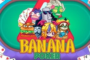 Ilustracja przedstawia kolorowe postacie z kreskówek, takie jak burger, maska i fantazyjnie ubrane stworzenia, na tle zielonego stołu pokerowego z kartami do gry oraz napis Banana Poker