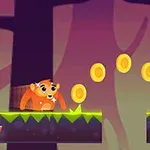 Pomarańczowe stworzenie biegnące po platformie z zieloną trawą w lesie, obok rząd złotych monet