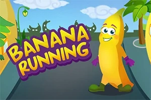 Banana w butach i rękawiczkach uśmiecha się stojąc na ulicy z napisem BANANA RUNNING na tle budynków i drzew