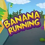 Banana w butach i rękawiczkach uśmiecha się stojąc na ulicy z napisem BANANA RUNNING na tle budynków i drzew