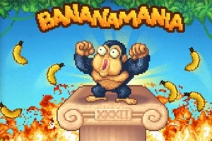 Małpa stojąca na kolumnie z podniesionymi rękami, otoczona latającymi bananami i płomieniami, oraz napis BANANAMANIA u góry