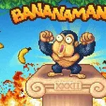 Małpa stojąca na kolumnie z podniesionymi rękami, otoczona latającymi bananami i płomieniami, oraz napis BANANAMANIA u góry