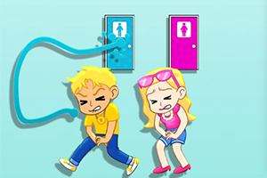 Dwoje dzieci wyglądających na zmartwionych siedzi przed drzwiami toalet, z których jedna jest zalewana wodą