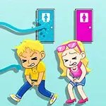 Dwoje dzieci wyglądających na zmartwionych siedzi przed drzwiami toalet, z których jedna jest zalewana wodą