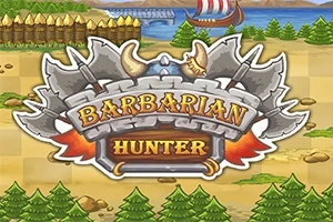 Logo z toporami i rogiem, napis Barbarian Hunter, w tle krajobraz z rzeką i drakkarem