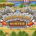 Logo z toporami i rogiem, napis Barbarian Hunter, w tle krajobraz z rzeką i drakkarem