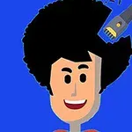 Postać z kreskówki z uśmiechem jest strzyżona maszynką, z połową włosów afro już skoszonych na tle w kolorze niebieskim