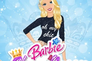 Blondynka w czarnym swetrze z napisem oh my chic na tle niebieskich bąbelków z kolorowym napisem Barbie