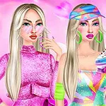 Dwie stylowe postacie w różowych strojach na tle w odcieniach różu, jedna z nich trzyma kolorową rolkę