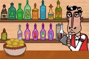 Barman trzymający shaker za barem z kolorowymi butelkami i miską cytryn na blacie