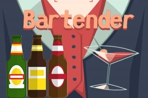 Ilustracja przedstawia trzy butelki piwa i kieliszek koktajlowy na tle postaci w eleganckim garniturze z napisem Bartender
