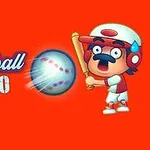 Postać kreskówkowego baseballisty z kijem i lecąca piłka na czerwonym tle