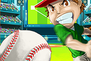 Ilustracja przedstawia postać animowaną z czerwoną czapką i zieloną koszulką, zamachującą się na piłkę baseballową, na tle stadionu z publicznością