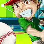 Ilustracja przedstawia postać animowaną z czerwoną czapką i zieloną koszulką, zamachującą się na piłkę baseballową, na tle stadionu z publicznością