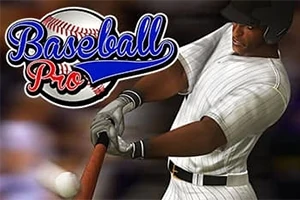 Zawodnik baseballowy w białym stroju uderzający piłkę kijem, obok napis Baseball Pro