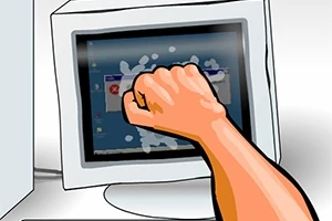 Ręka uderzająca w ekran monitora komputerowego, tworząc pęknięcia na ekranie