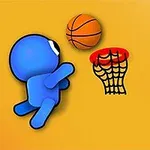 Niebieska postać w ruchu rzucając piłkę do pomarańczowego kosza na żółtym tle