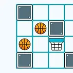 Siatka składająca się z kwadratowych pól, na których znajdują się kosze do koszykówki, piłki do koszykówki i szare bloki