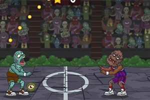 Dwóch kreskówkowych potworów grających w piłkę oczną na boisku, z tłumem zombi w tle