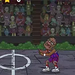 Dwóch kreskówkowych potworów grających w piłkę oczną na boisku, z tłumem zombi w tle