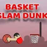 Grafika z kreskówkową postacią wykonującą slam dunk do kosza, z dużym napisem BASKET SLAM DUNK na górze