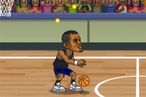 Postać animowana grająca w koszykówkę na boisku z widownią w tle