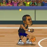 Postać animowana grająca w koszykówkę na boisku z widownią w tle