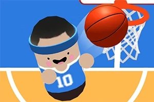 Postać z kreskówki w niebieskiej koszulce i opasce na głowie wykonuje rzut do kosza na boisku do koszykówki