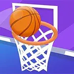 Pomarańczowa piłka do koszykówki wpada do obręczy na tle fioletowej tablicy