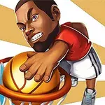 Kreskówkowa postać w czerwonej koszulce wykonuje wsad piłką do koszykówki, na tle promieniującego wzoru