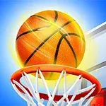 Pomarańczowa piłka koszykowa wpadająca do obręczy na tle niebieskiego nieba