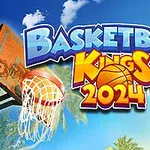 Napis Basketball Kings 2024 z piłką do koszykówki, obręcz z siatką i palma na tle nieba