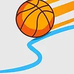 Niebieski ołówek rysujący linię, z przelatującą obok pomarańczową piłką do koszykówki