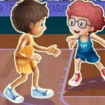 Dwóch animowanych chłopców gra w koszykówkę na boisku, jeden z nich kozłuje piłkę