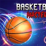 Piłka do koszykówki w locie z dynamicznymi efektami świetlnymi w pobliżu kosza, z napisem Basketball Master u góry