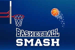 Kosz do koszykówki z lecącą piłką oraz napis Basketball Smash na niebieskim tle