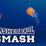 Kosz do koszykówki z lecącą piłką oraz napis Basketball Smash na niebieskim tle