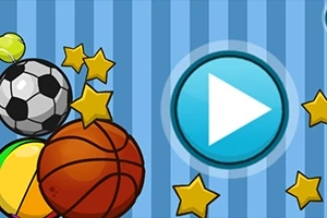 Różne piłki sportowe i gwiazdki na tle poziomych niebieskich pasków z dużym przyciskiem odtwarzania po prawej stronie