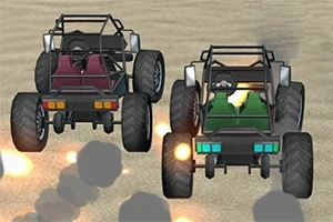 Dwa terenowe pojazdy w wyścigu na pustynnym terenie, z widocznym kurzem i płomieniami z rur wydechowych