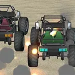 Dwa terenowe pojazdy w wyścigu na pustynnym terenie, z widocznym kurzem i płomieniami z rur wydechowych