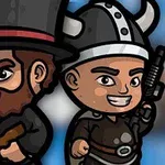 Dwóch kreskówkowych postaci z brodami i szerokimi uśmiechami, jedna w cylindrze z karabinem, a druga w hełmie wikinga z mieczem