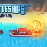 Dwa statki na morzu, gdzie jeden z nich eksploduje, z napisem BATTLESHIPS ARMADA u góry