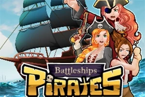 Trzy postacie piratów pozują przed płynącym żaglowcem, z widocznym morzem w tle i napisem Battleships Pirates na dole