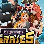 Trzy postacie piratów pozują przed płynącym żaglowcem, z widocznym morzem w tle i napisem Battleships Pirates na dole