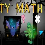 Nietoperz z rozłożonymi skrzydłami na tle nawiedzonego domu, otoczony przez dwie zielone mumie i symbole matematyczne