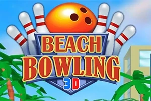 Jasnopomarańczowa kula do kręgli przed rzędem kręgli z napisem BEACH BOWLING 3D na tle z palmami i budynkami