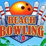 Jasnopomarańczowa kula do kręgli przed rzędem kręgli z napisem BEACH BOWLING 3D na tle z palmami i budynkami